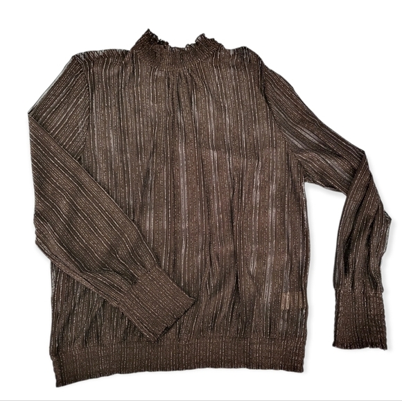 New Semi-Sheer Black Glitter Mockneck Blouse Long Sleeve Top Sheer Turtleneck - Picture 3 of 11